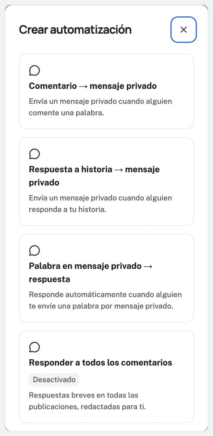 Crear automatización · Comentario → mensaje privado
